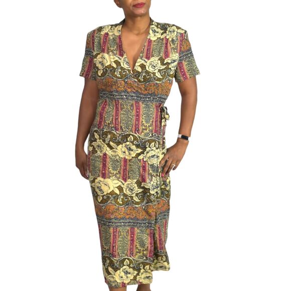 Vintage Wrap Dress Red Baroque Printed Column Midi 90s Rayon Floral Size Medium - Picture 1 of 15